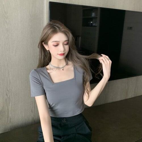 2021Summer The New Short slim fit Square collar Women T-shirt Short Sleeve Female Sexy Tshirt Tops