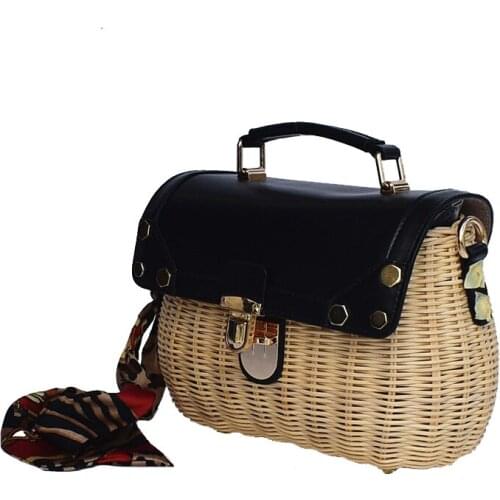 Tengsiniao Brand 2020 woman bag natural plant rattan weaving handbas with long shoulder strap casual crossbody bag with pu cover