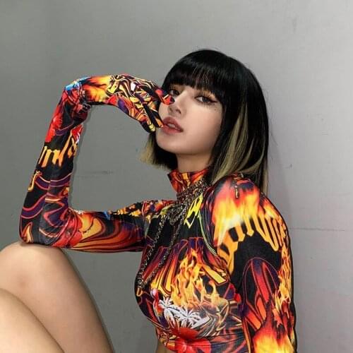 Echoine Finger Gloves Fashion Printed Crop Tunic Top Female Autumn Long-Sleeved Navel T-shirt Female Outwear Daily Chic Workwear