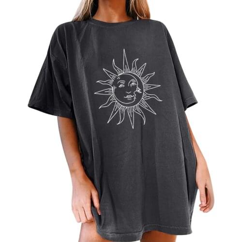 Womens Vintage Sun And Moon Printed Pattern Casual Short Sleeve Tops Blouse Женские Футболки Mujer Camisetas Ropa De Mujer 2021