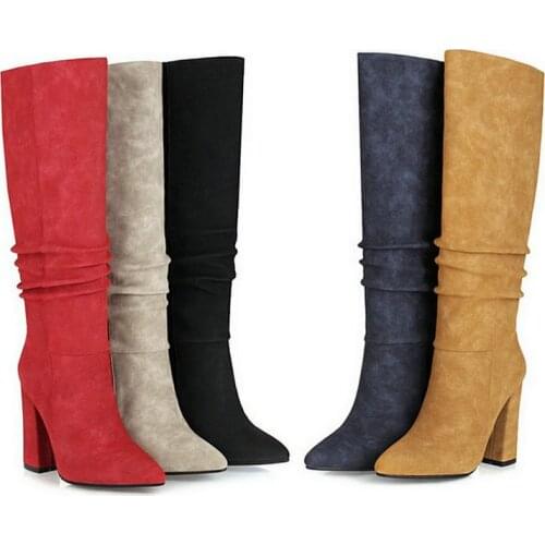 2021 New Women Knee High Boots Brand Design Microfiber Ladies Square Heel Boots Fashion Pleated Pointed Toe Womens Shoes