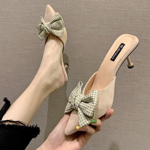 Summer Korean version of high quality suede bow Mules shoes stiletto pointed toe high heels and half drag women
