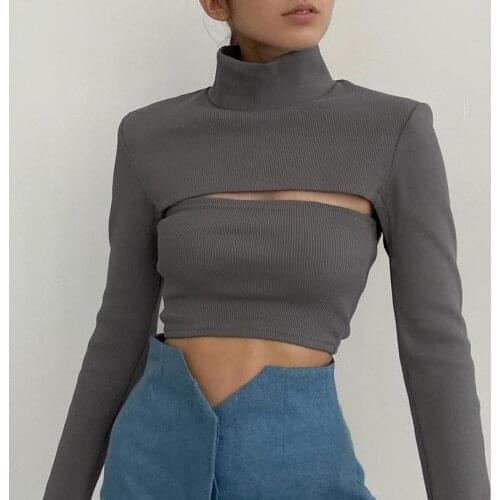 Women Two-Piece Suit Fashion Knitted Long-Sleeved Top + Vest Simple Sexy Solid Color Hollow Chest Slim Fit High Collar Short Top