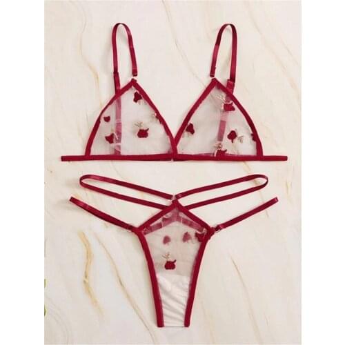 Women´s Underwear Flower Embroidery Mesh Hollowing Out Transparent Bra Pantie Suit