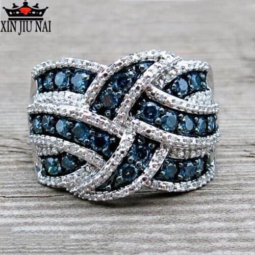 925 Anillos Silver Modyle Full Blue Crystal Big Diamond Wedding Rings For Women Romantic Ring Bague Femme Jewelry Dropship