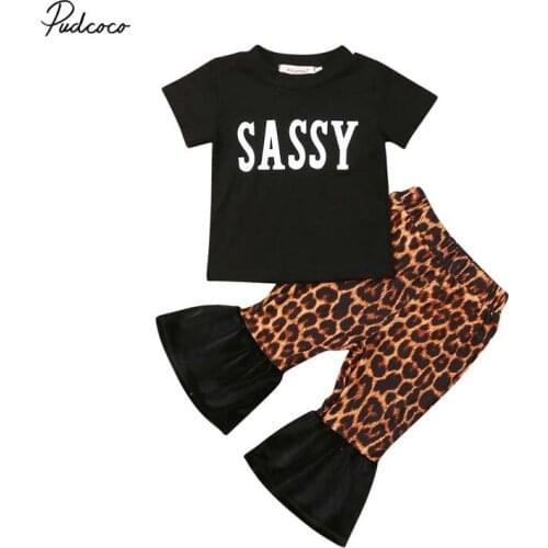 2019 Brand Fashion Toddler Baby Girl Sassy T shirt Tops+Leopard Flare Pants Outfit Leopard Clothes Set Summer Kid 2Pcs Clothing