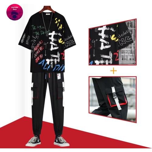 2021 Summer Mens Sets Korean Fashion Men Joggers Sets Printed T Shirt+Elastic Waist Trousers Men Clothing 2 piece Tracksuit Men