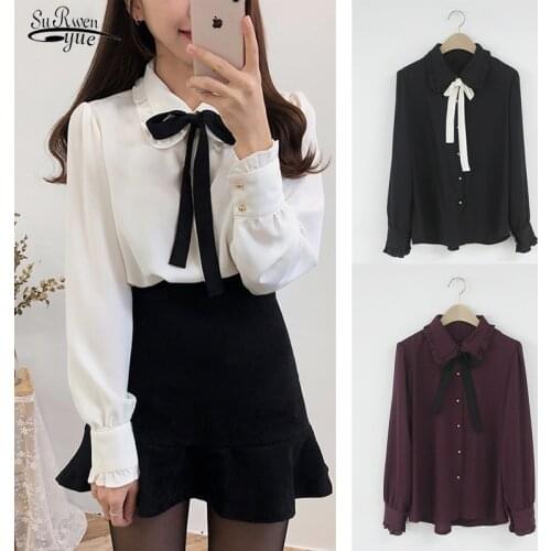 2021 Spring Long-Sleeved Chiffon Shirt Women Office Cardigan Puff Sleeve Crop Top Women Korean Loose Plus Size Blouse Women 9820