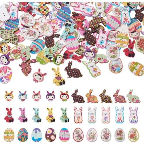 210pcs Easter Theme Rabbit Egg Girl Buttons Beads 2-Hole Printed Wooden Buttons for Sewing Crafting Jewelry Making Accessories