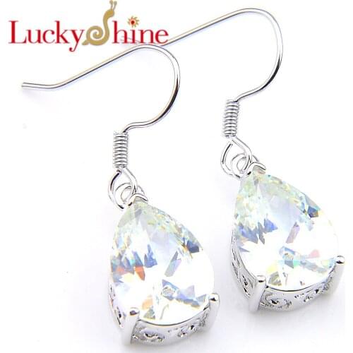 Luckyshine Water Drop Fire White Crystal Zircon Silver Wedding Hook Earrings Russia USA Holiday party Jewelry