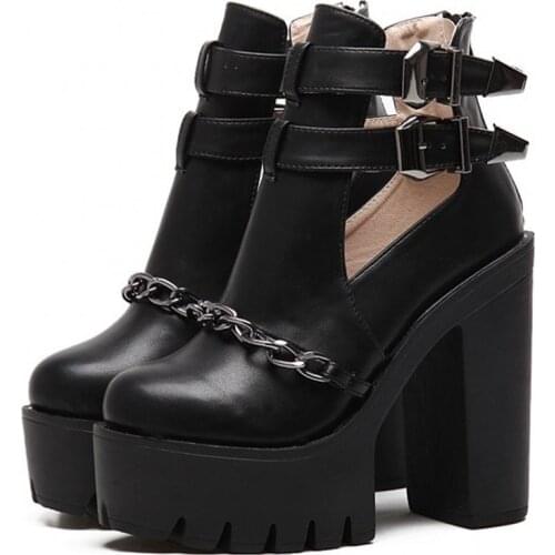 Spring Autumn Fashion Ankle Boots For Women High Heels Casual Cut-outs Buckle Round Toe Chain Thick Heels Platform Shoes tyu78