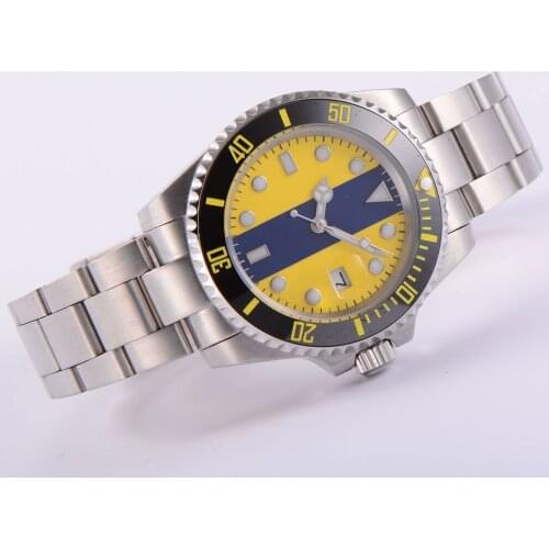 40MM Blue yellow Dial Sapphire Glass Black Ceramic Bezel Date Glass Case Cover MIYOTA 8215 Automatic Mens Wristwatch
