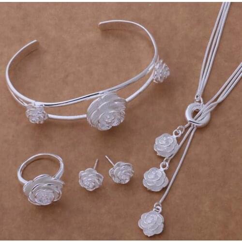 Silver 925 Jewelry Set for Women Fashion Flower Necklace Bracelet Bangles Earring Ring 4 Pcs Bridal Costume Jewelry Sets Gifts