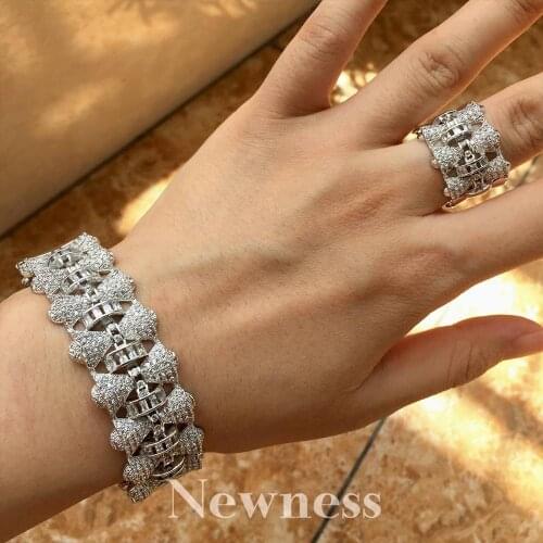 Newness Luxury Brand Geometry Design Full Micro AAA Cubic Zirconia Party Wedding Saudi Arabic Dubai Wide Bangle Ring Set