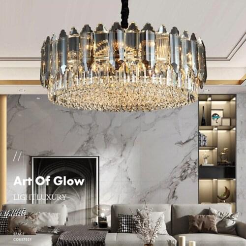 Modern Luxur Smoky Gray K9 Crystals E14 Led Pendant Lights Round Lustre Gold Metal Chain Hanging Lamp Indoor Lighting Lamparas