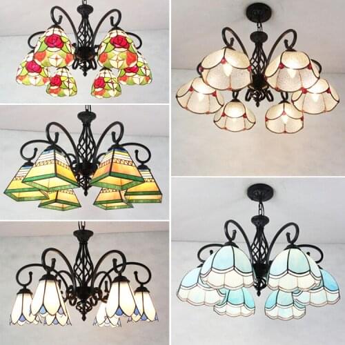 Modern Tiffany Baroque Stained Glass Suspended Luminaire E27 LED Iron Chain Pendant Light Lamp for Home Parlor Dining Room