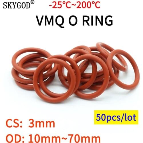 50pcs VMQ O Ring Seal Gasket Thickness CS 3mm OD 10 ~ 70mm Silicone Rubber Insulated Waterproof Washer Round Shape Nontoxi Red