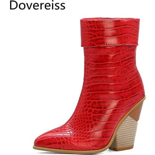 Dovereiss Fashion Womens Shoes Winter sexy Elegant red Pointed toe Slip on Snakeskin Wedges Short boots Snakeskin Concise 34-48