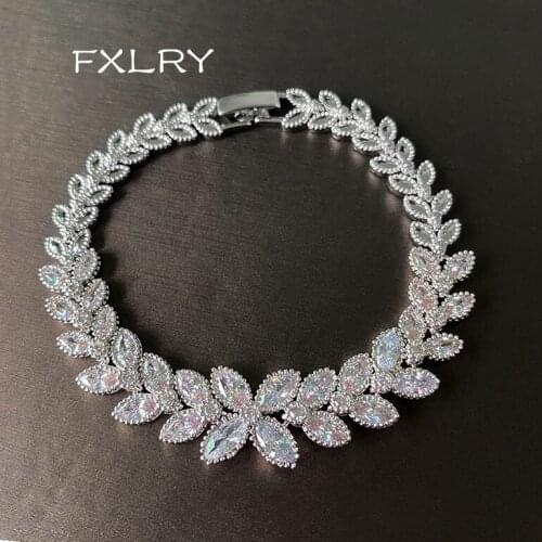 FXLRY Trendy White Color Leaves Shape Cubic Zircon Bracelets For Women Charm CZ Olive Branch Bangles Party Wedding Jewelry