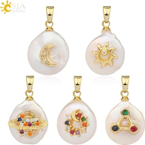 CSJA Star Moon Sun Planet Set Freshwater Pearl Pendants Colorful Rhinestone Necklace Fantasy Jewelry for Women Girls Choker G219