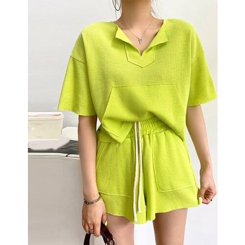 Elegant Knitted Tracksuit Women Short Sleeve V Neck Pocket Top And Drawstring Wide Leg Shorts Suit Casual Homewear Two Piece Set