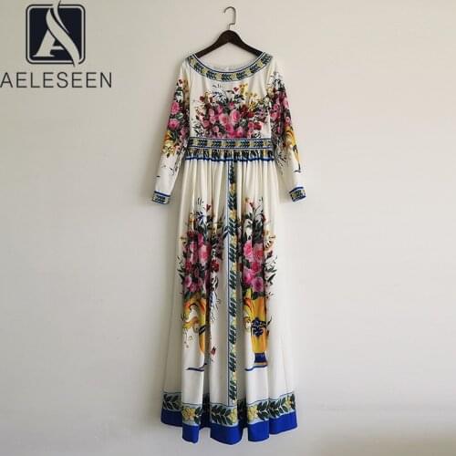 AELESEEN Runway Fashion Women Dress 2021 Spring Autumn New Elegant Dress Flower Print White Holiday Party Long Dress