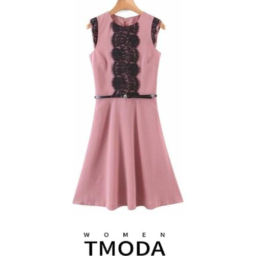 TMODA1342 Za Summer 2021 O-neck Sleeveless Dress for Women Lace Patchwork Sashes Dress Elegant Office Lady Loose Mini Dresses