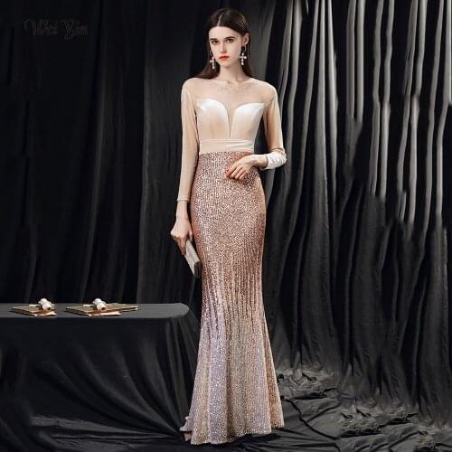 Weiyin AE0581 Robe De Soiree New Sexy 3/4 Sleeve Prom Dress Mermaid Burgundy Sequined Long Evening Dresses Elegant Abendkleider