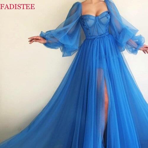 Muslim Blue Tulle Plus Prom Dresses Formal Evening Party Gowns Vestido De Festa Full Puffy Sleeves Robe De Soiree Spring 2021
