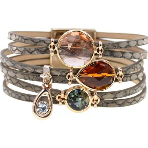 Bohemian Leather Bracelets for Women Fashion Ladies Multilayer Wide water drop glass bracelet Wrap Bracelet Female Jewelry Gift