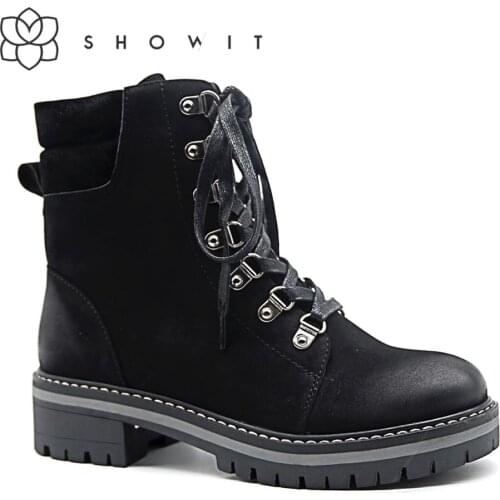 SHOWIT Autumn Winter Lace Up Ankle Boots Chunky Heels Zipper Closure Motorcycle Round Toe Platform Shoes
