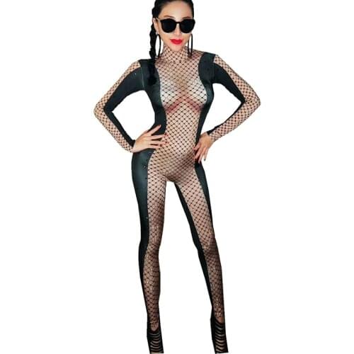 Black Rhinestones Mesh Printed Sexy Nude Jumpsuit Female Singer DS Bodysuit Nightclub Womens Birthday Party Stage Show Clothing