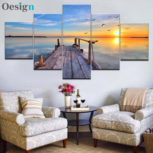 Canvas HD Prints Pictures Living Room Decor 5 Pieces Seagull Sea View Tableau Paintings Bridge Poster Modular Wall Art Framework