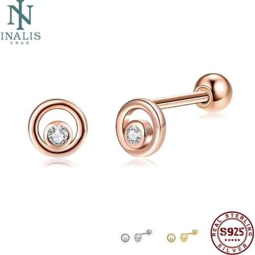INALIS Round 925 Sterling Silver Stud Earrings For Women Clear Cubic Zirconia Small Earring Anniversary Fine Jewelry Recommend