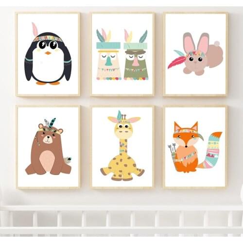 Indian Animals Fox Rabbit Giraffe Penguin Panda Wall Art Canvas Painting Nordic Posters And Prints Wall Pictures Kids Room Decor