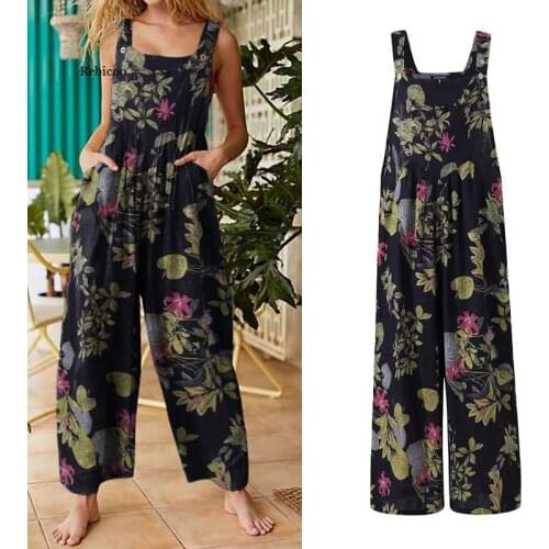 Women Sexy Rompers Floral Jumpsuits Office Wide Leg Pants Lady Sleeveless Print Party Overalls Playsuits