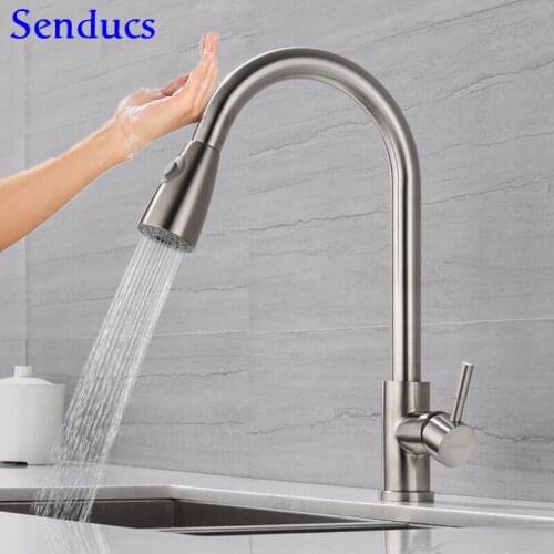 Brushed Touch Kitchen Faucet Senducs Pull Out Kitchen Sink Faucet Automatic Sensor Kitchen Mixer Tap Touching Basin Sink Faucet