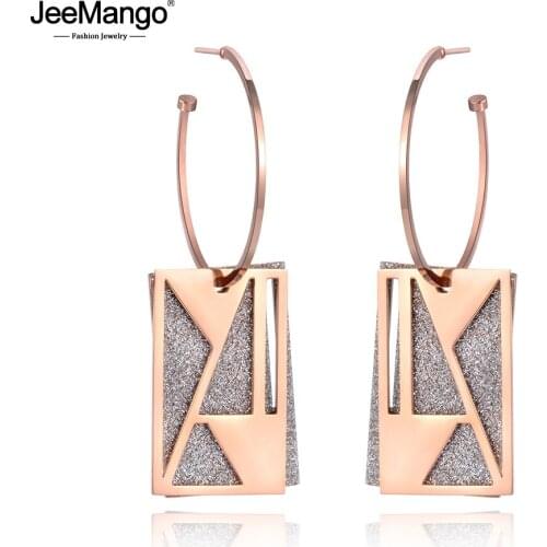 JeeMango Trendy Hollow Geometric Stainless Steel Jewelry Rose Gold Frosted Square Curved Disc Hoop Earrings For Women JE19017