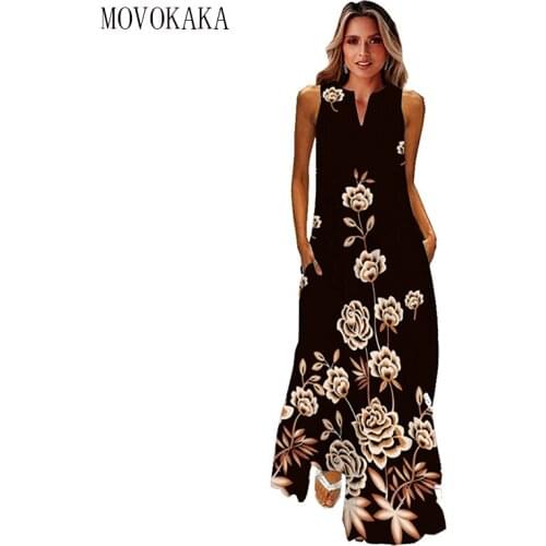 MOVOKAKA Floral Print Long Dress Women Black Summer Beach Sleeveless Casual Sundress Casual Plus Size Vestidos Dresses For Women