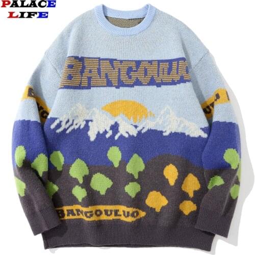 Men Streetwear Vintage Sweater Sunset Pattern Knitted Sweater Harajuku Casual Loose 2021 Autumn Sweater Pullover Cotton Tops