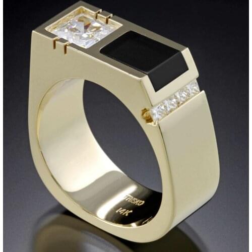 Geometric Red/Black Stone Rings For Women Men Yellow Gold Engagement Promise Ring Princess Cut White Zircon Wedding Band Jewelry