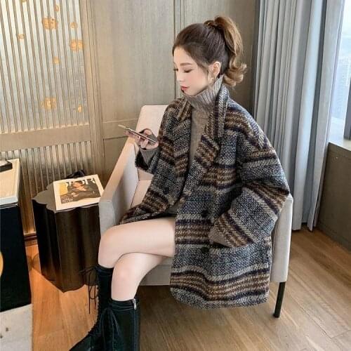 Cotton Without Cotton Plaid Wool Coat Womens Middle Long Autumn And Winter New Popular Korean Fashion Loose Lady Woolen Coat