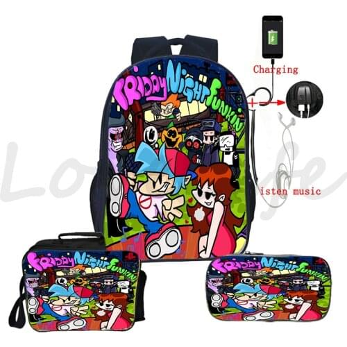 Friday Night Funkin Backpack USB Charge School Bags for Teens Pen Bags Bookbags Girls Boys Laptop Knapsack Lunch Box 3 Pcs Set