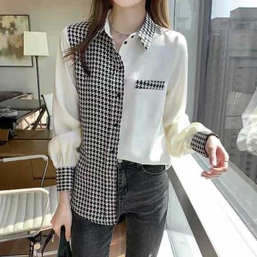 Houndstooth Satin Blouse Women Office Lady Spliced Tops Patchwork Korean Fashion Clothing Shirt Long Sleeve 2021 Beige Plus Size