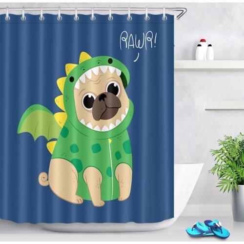 Dinosaur Clothes Pug Shower Curtain Cartoon Animal Bathroom Waterproof Washable Polyester Fabric for Kids Bathtub Decor 12 Hooks