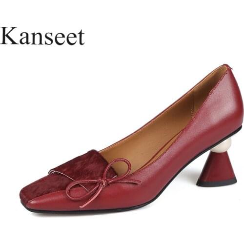Kanseet 2021 Womens Pumps Spring Autumn Vintage Genuine Leather Shoes Bow-Tie Party Dress Strange Style Heels High Heels Shoes