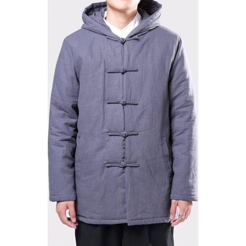 Vintage Style Hooded Men Parkas Cotton Winter Button Up Trench Long Sleeve Outerwear Padded Retro Men Jackets Coats 2019 KK3062