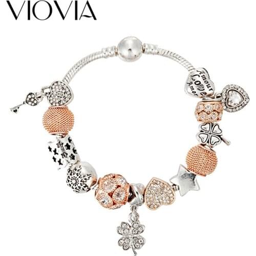 VIOVIA Antique Charm Bracelet & Bangle with Lucky Leaves Rhineston Heart Champagne Takı Crystal Wedding Jewelry for Women B17035