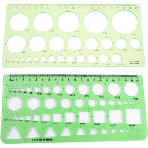 Green Plastic Students Rectangle Shape Drawing Circle Template Ruler & Circles Squares Hexagons Geometric Template Ruler 0-20cm