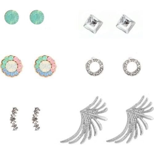 6 Pairs/set Colorful Crystal Earrings for Women 2020 Spring Fashion Feather Stud Earring Jewelry Female Simple Earrings Set Gift